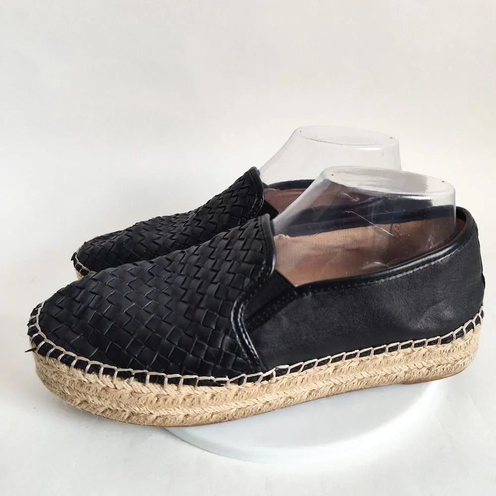 Steve Madden Espadrilles Flats Size 9 Black Woven Leather Slip On Platform Shoes